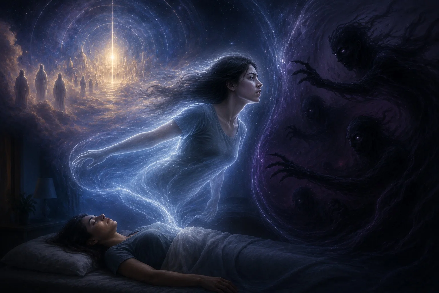 Representação de projeção astral diante de entidades sombrias e um caminho de luz