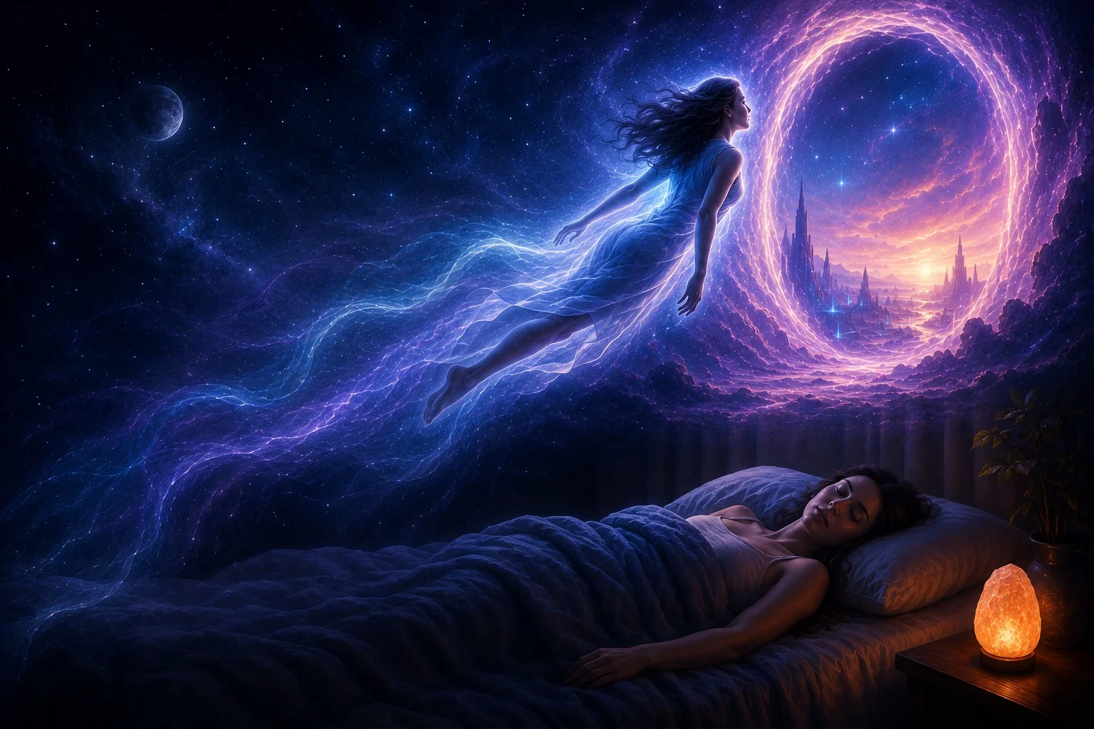 Representação de projeção astral e portal luminoso